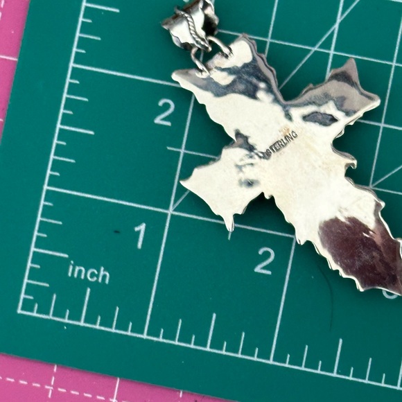 Kingman turquoise coral statement cross sterling silver pendant - Picture 3 of 5